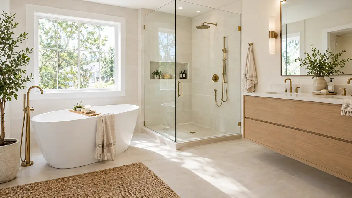 Bright remodeled bathroom with freestanding tub and glass shower