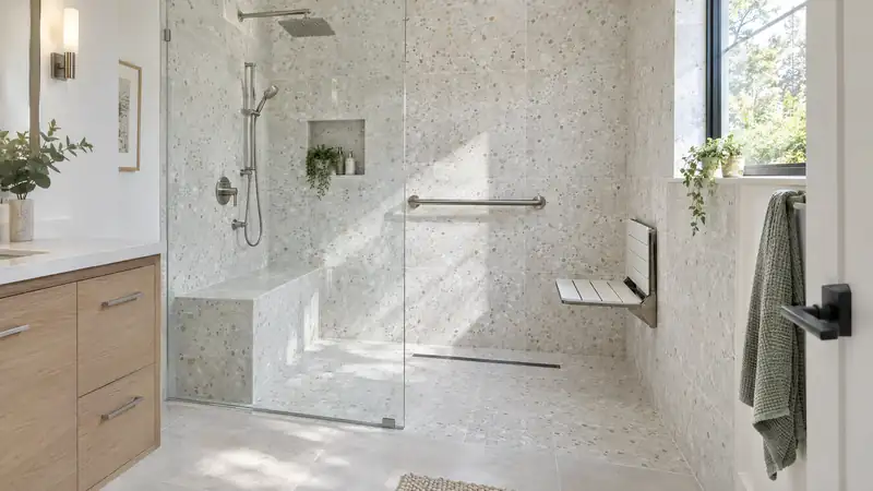 Curbless walk-in shower with bench and fold-down seat