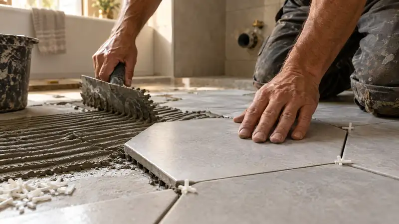 Tile setter installing porcelain floor tiles